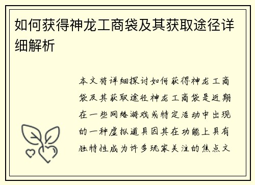 如何获得神龙工商袋及其获取途径详细解析